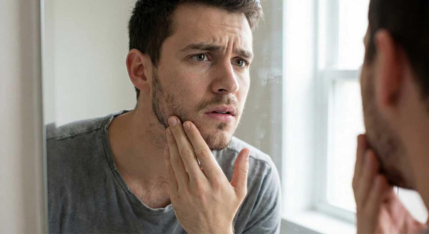 Jeune homme inquiet regardant sa barbe irrégulière et clairsemée dans le miroir, considérant une greffe de barbe