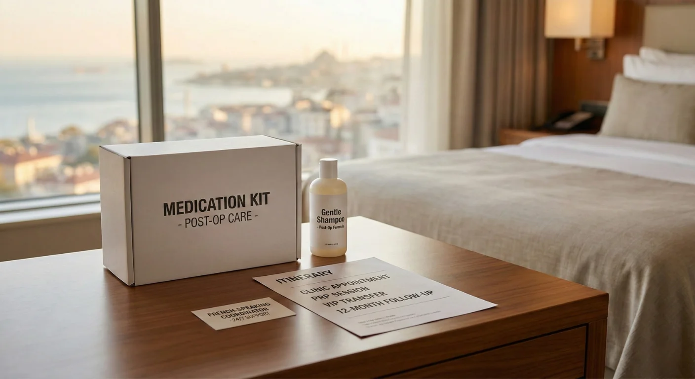 Photo d'un kit de soins post-opératoires et d'un itinéraire complet pour une greffe de cheveux, posés sur une table dans une chambre d'hôtel de luxe avec vue sur Istanbul. Sont visibles : une boîte "Medication Kit", un shampooing doux, un programme incluant rendez-vous clinique, PRP, transfert VIP, suivi 12 mois, et une carte de coordinateur francophone.