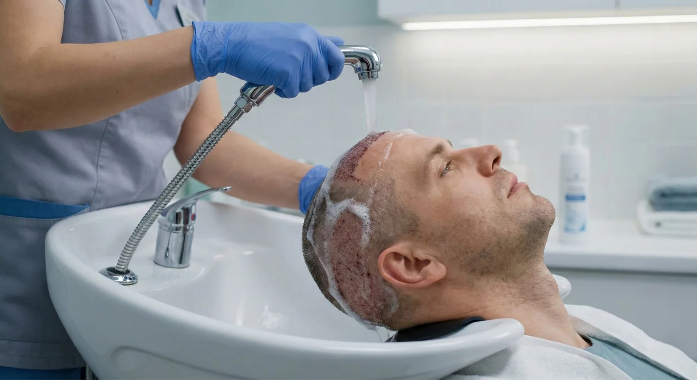 Une infirmière effectuant le premier lavage de cheveux doux sur un patient après une greffe capillaire, utilisant un jet d'eau tiède et une mousse spéciale dans un bac de lavage médical.