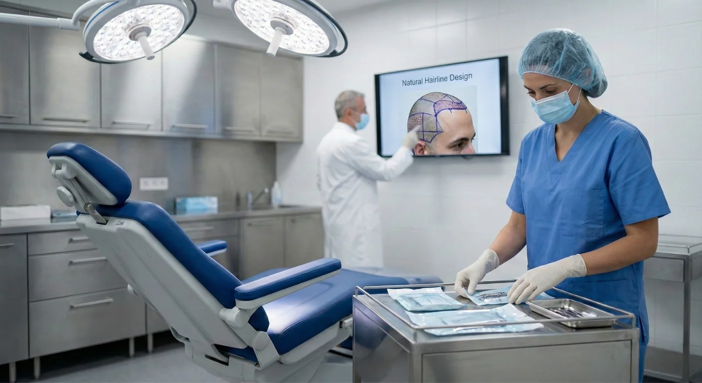 Assistante médicale préparant des instruments stériles au bloc opératoire, tandis que le chirurgien analyse le dessin technique de la ligne frontale du patient sur grand écran.