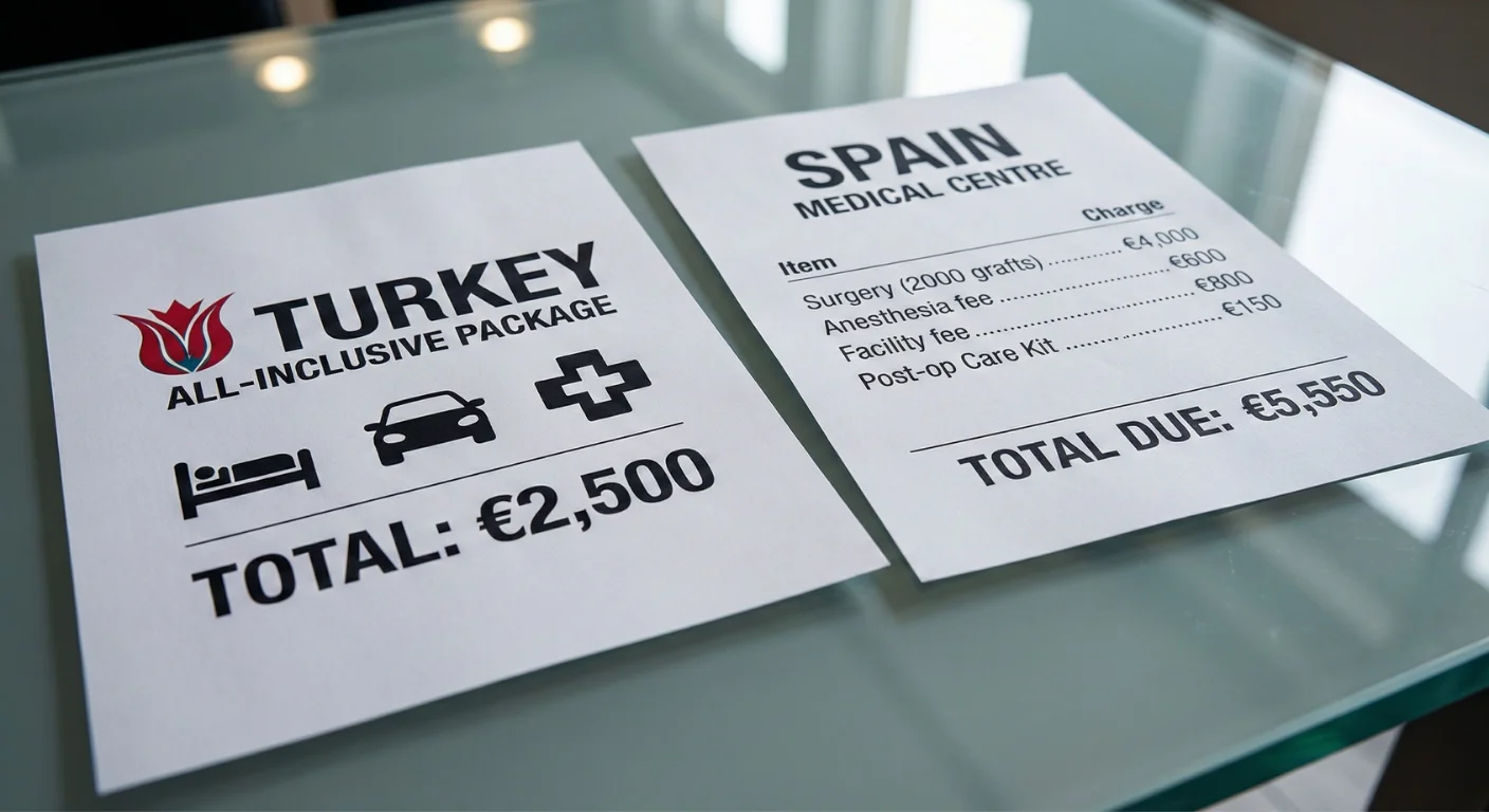 Photographie de deux devis médicaux côte à côte sur une table en verre. Le document de gauche, pour un forfait tout compris en Turquie, affiche un total de 2 500 €. Le document de droite, d'un centre médical en Espagne, détaille les frais pour un total de 5 550 €.