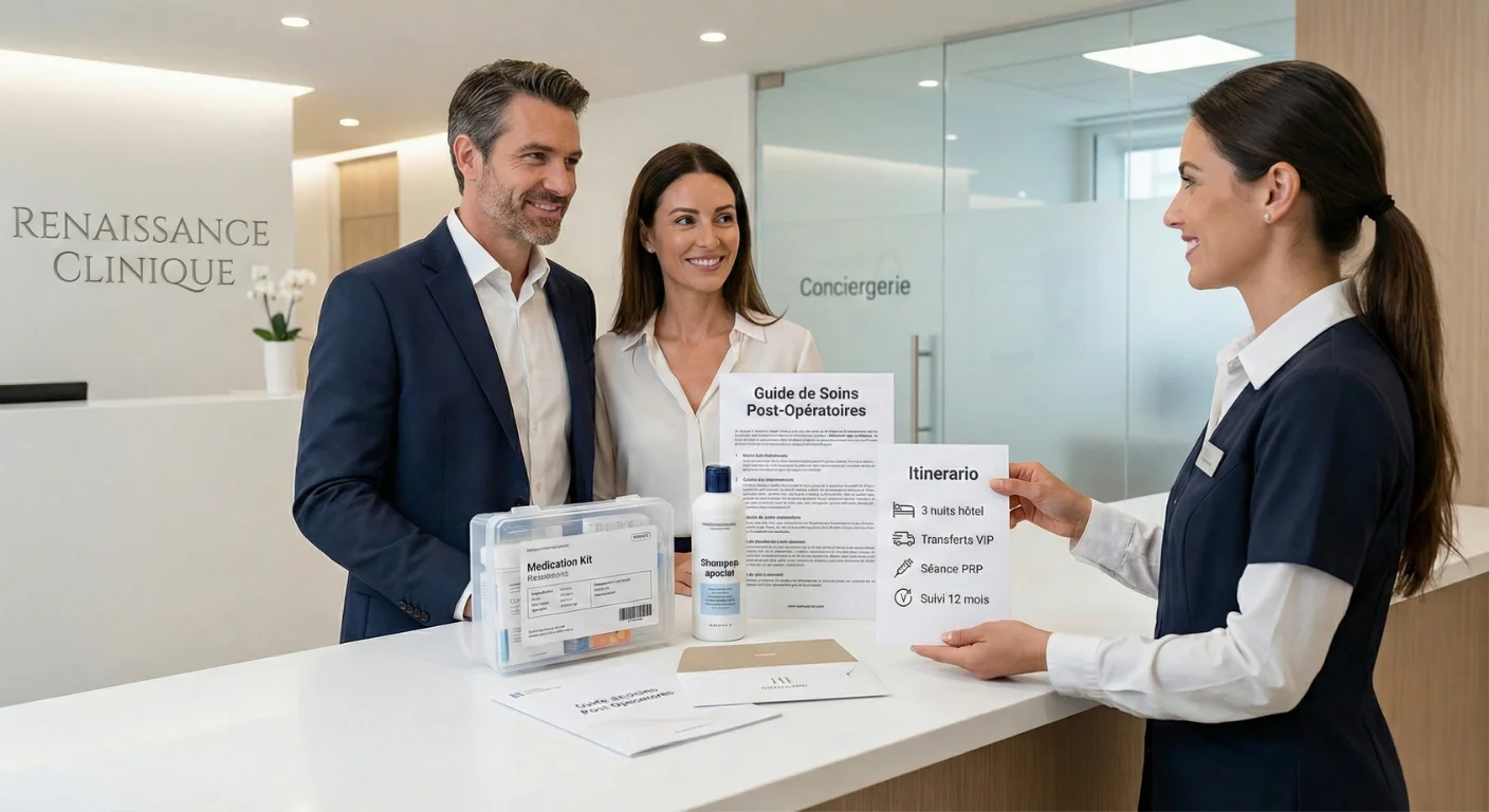 Accueil patient chez Renaissance Clinique Istanbul : une coordinatrice présente le kit médical complet, le guide de soins post-opératoires et les détails du forfait tout compris (hôtel, transferts, PRP) à un couple.