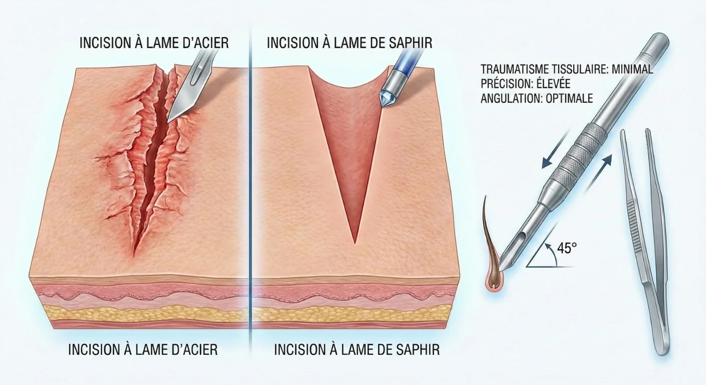 Illustration médicale détaillée comparant l'incision irrégulière d'une lame d'acier traditionnelle (gauche) à l'incision nette en forme de V d'une lame de saphir (droite). À côté, un stylo implanteur DHI (Choi Pen) démontre une implantation de follicule à un angle précis de 45 degrés.