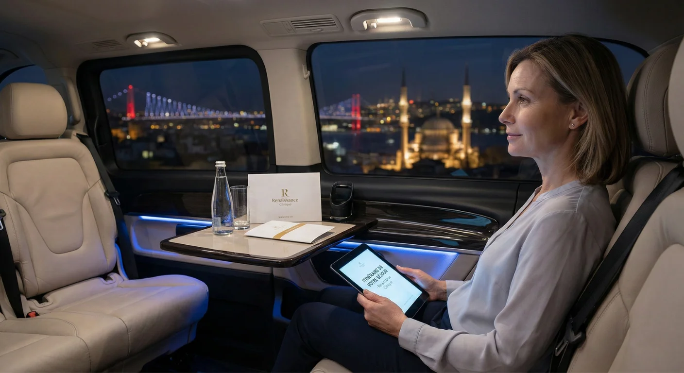 Une patiente détendue à l'arrière d'un van VIP de luxe la nuit à Istanbul, regardant le pont du Bosphore illuminé. Un kit de bienvenue avec le logo "Renaissance Clinique" et de l'eau sont posés sur la tablette devant elle.
