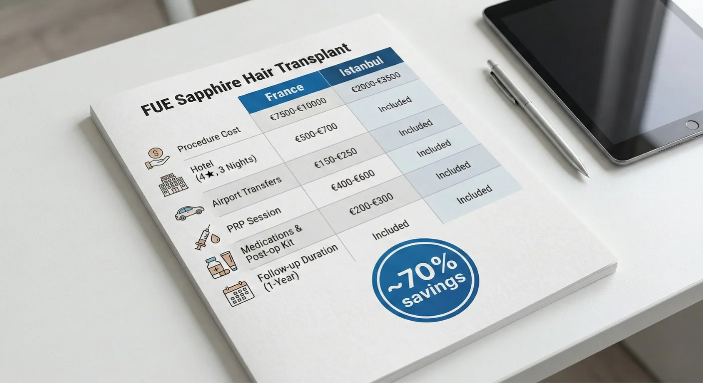 Photographie d'un document posé sur un bureau, affichant un tableau comparatif détaillé des coûts d'une greffe de cheveux FUE Saphir entre la France et Istanbul. Il met en évidence une économie d'environ 70% et l'inclusion de l'hôtel, des transferts et du PRP dans le forfait à Istanbul.