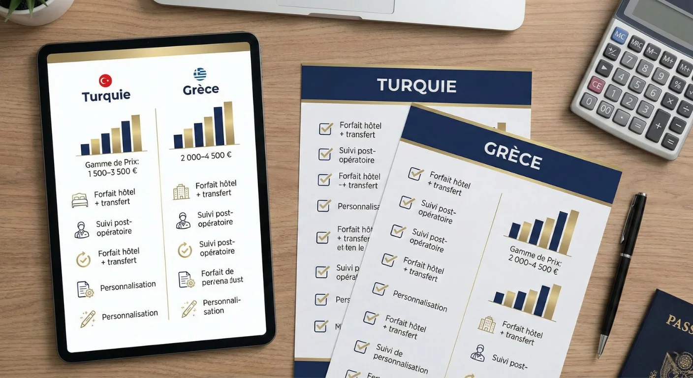 Vue de dessus d un bureau avec une tablette et des documents affichant un comparatif détaillé entre la Turquie et la Grèce pour la greffe de cheveux. On y voit des graphiques de prix (1 500 € - 3 500 € vs 2 000 € - 4 500 €), des listes de services inclus et un passeport, facilitant la prise de décision.