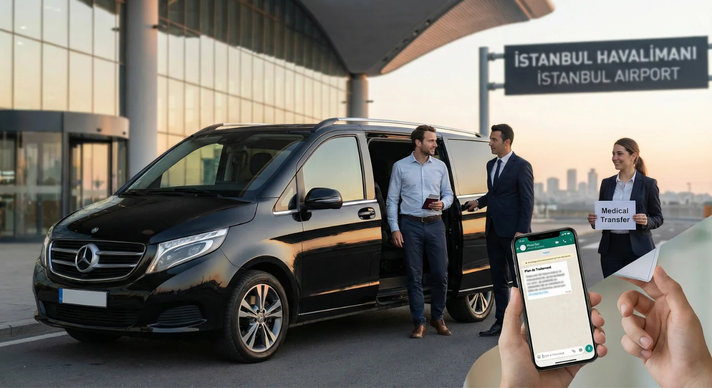 Arrivée d'un patient médical à l'aéroport d'Istanbul, accueilli par une équipe avec une pancarte "Medical Transfer" devant un van VIP. Un téléphone au premier plan montre une conversation WhatsApp sur le plan de traitement.