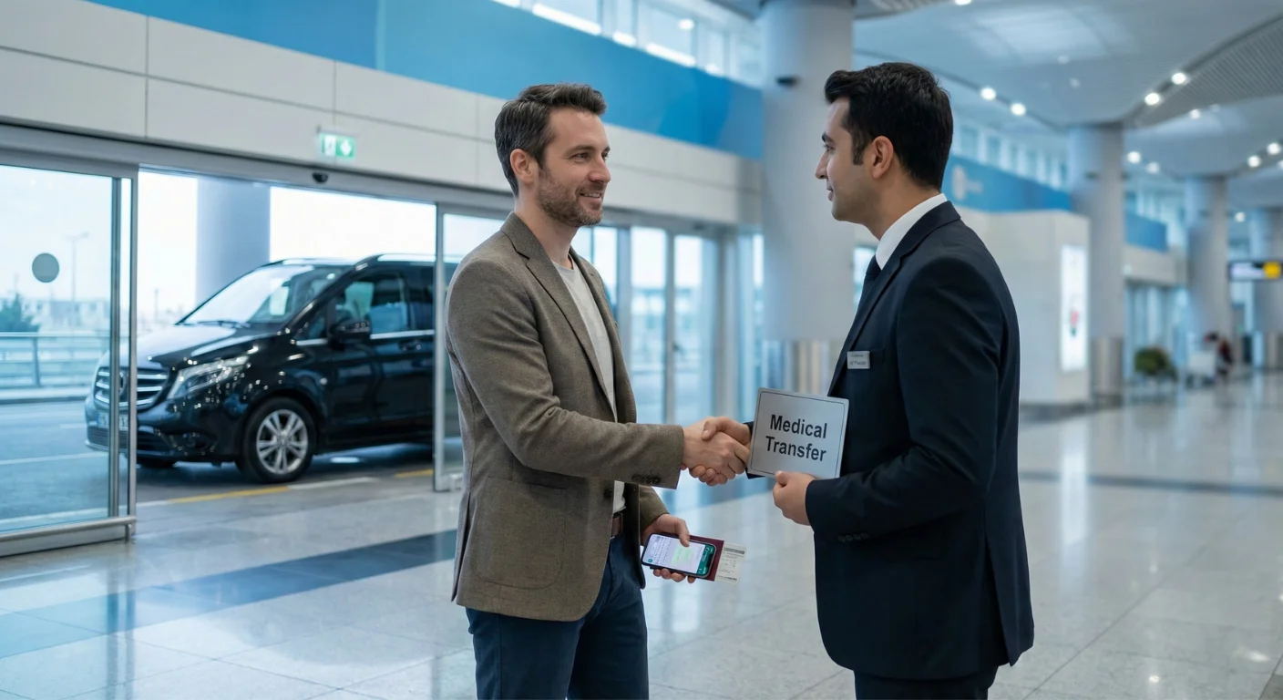 Accueil d'un patient francophone à l'aéroport d'Istanbul par son chauffeur VIP tenant une pancarte 'Medical Transfer'. Ils échangent une poignée de main chaleureuse dans un terminal moderne, avec un van de luxe noir visible à l'extérieur.