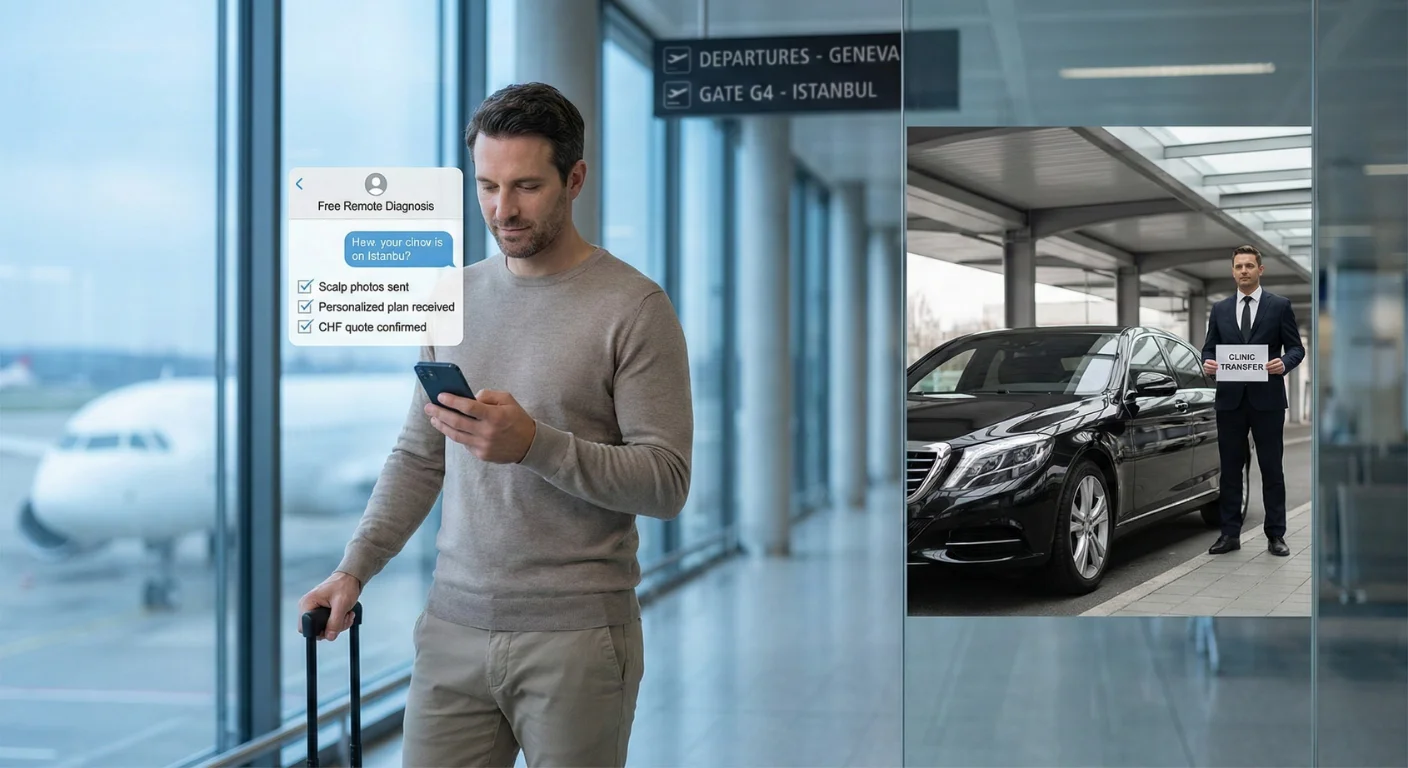 Un patient suisse à l'aéroport de Genève vérifie son diagnostic à distance et son plan de voyage pour une greffe de cheveux à Istanbul sur son téléphone. Une image incrustée montre un chauffeur en costume avec une pancarte 'Clinic Transfer' l'attendant à son arrivée devant une voiture de luxe.